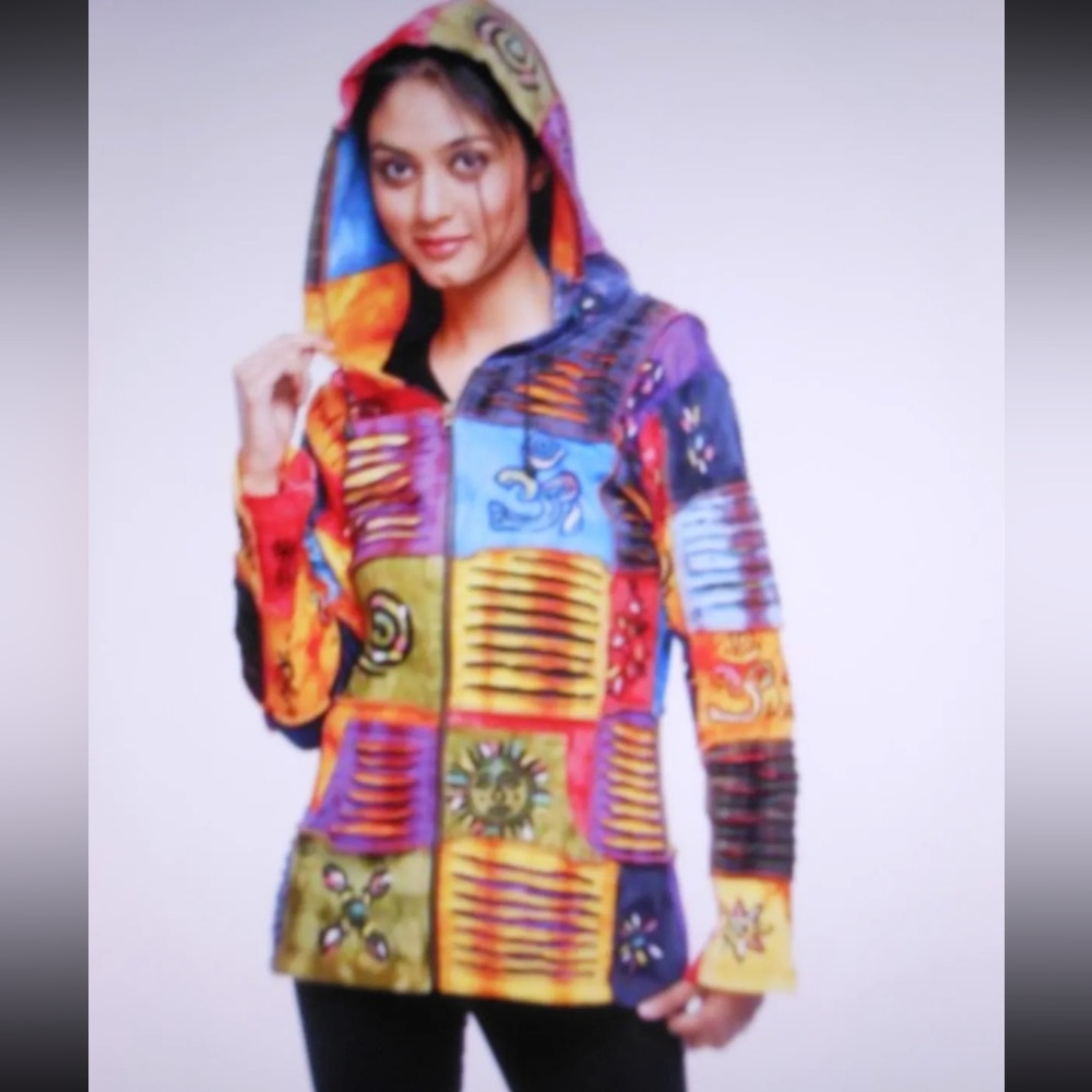 Rising International Tie Die Colorful Patchwork Hooded Jacket size M
